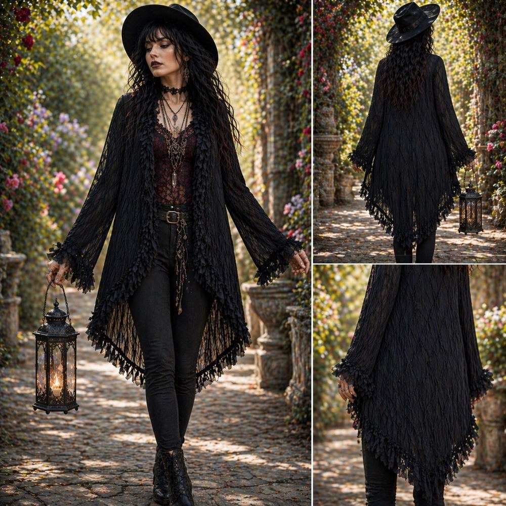 Moonlight LA Y2K Black Sheer Fringe Open Cardigan Whimsigoth Witchcore‎ Grunge